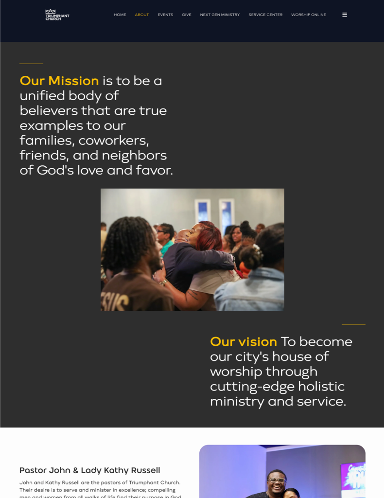 Responsive church website design for Triumphant Church featuring an inspiring 'We Triumph' hero banner and modern navigation.